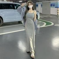 ราคา Long-Sleeve Collared Plaid Shirt / Spaghetti Strap Lettering Print Maxi Sheath Dress (1129517836)
