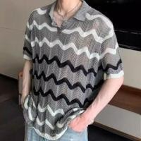 ราคา Elbow-Sleeve Collared Wavy Striped Perforated Knit Top (1129540445)
