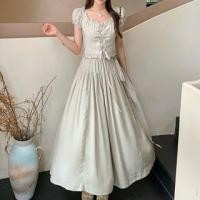 ราคา Set: Short-Sleeve Off-Shoulder Plain Frill Trim Lace-Up Crop Top + High Waist Midi A-Line Skirt (1129547146)