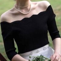 ราคา Elbow-Sleeve Off-Shoulder Plain Ribbed Slim Fit Crop Knit Top (1129548637)