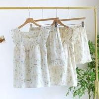 ราคา Pajama Set: Sleeveless Square Neck Floral Print Ruffle Padded Top + Elastic Waist Shorts (1129609757)