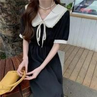 ราคา Short-Sleeve Collar Contrast Trim Bow Midi A-Line Dress (1129626477)