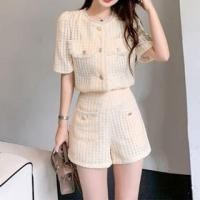 ราคา Set: Short-Sleeve Crew Neck Plaid Frill Trim Button Top + High Waist Shorts (1129623530)