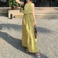 ราคา Set: Sleeveless One Shoulder Patterned Print Top + Elastic Waist Panel Maxi A-Line Skirt (1129635394)