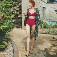 ราคา Halter Neck Plain Bikini Top / High Waist Bottom / Floral Print Cover-Up Jacket / Set (1129633238)