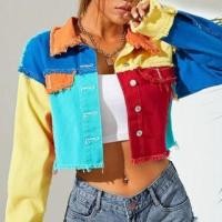 ราคา Collar Color Block Fringed Denim Crop Button Jacket (1125824801)