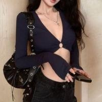 ราคา Long Sleeve V-Neck Plain Cutout Hoop Accent Crop Tee Navy Blue - One Size (1129660998)