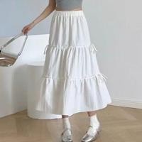 ราคา High Rise Plain Bow Accent Frill Trim Ruched Midi A-Line Skirt (1129676688)