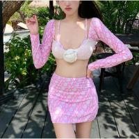 ราคา Set: Lettering Print Bikini Top + Swim Skirt + Floral Accent Cover-Up Top (1129684958)