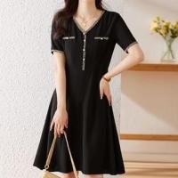 ราคา Short-Sleeve V-Neck Contrast Trim A-Line Dress (1129686133)