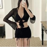 ราคา Set: Halter Neck Plain Bikini Top + Drawstring Swim Skirt + Tie Front Mesh Cover Up (1129684842)
