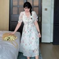 ราคา Plus Size Short Sleeve V-Neck Floral Print Chiffon Midi A-Line Dress (1129696472)