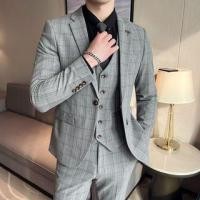 ราคา Set: V-Neck Plaid Button-Up Vest + One-Buttoned Blazer + High Waist Straight Leg Dress Pants (1124744171)