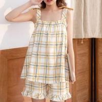 ราคา Pajama Set: Square Neck Plaid Bow Accent Frill Trim Tank Top + Shorts (1129727782)