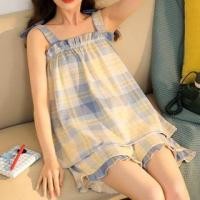 ราคา Pajama Set: Square Neck Plaid Frill Trim Tank Top + Shorts (1129727790)