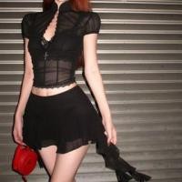 ราคา Cap Sleeve Mandarin Collar Plain Keyhole Mesh Top / Lace Bra / Mid Rise Ruffle Mini A-Line Skirt (1129730280)
