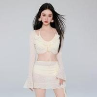 ราคา Set: Halter Plain Bikini Top + Bottom + Long-Sleeve Lace Cover Up + Skirt (1129728265)