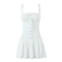 ราคา Sleeveless Plain Embroidered Button Mini A-Line Dress (1129744436)