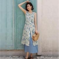 ราคา Mock Two-Piece Sleeveless Crewneck Print Button-Up Midi Dress (1129758656)