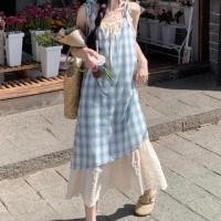 ราคา Spaghetti Strap Scoop Neck Mock Two-Piece Plaid Embroidered Panel Tie Front Midi Shift Dress (1129767084)