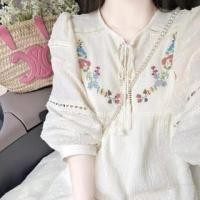 ราคา 3/4-Sleeve Round Neck Floral Embroidered Lace Trim Perforated Tie Front Tunic Dress (1129775062)