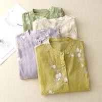 ราคา 3/4-Sleeve Stand Collar Floral Embroidered Button-Up Blouse (1129784410)