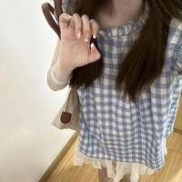 ราคา Cap-Sleeve Plaid Frill Trim Blouse (1129788744)