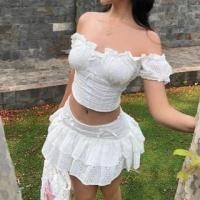 ราคา Set: Short-Sleeve Off-Shoulder Plain Bow Accent Embroidered Eyelet Crop Top + Low Rise Mini A-Line Skirt (1129785463)