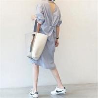ราคา 3/4-Sleeve Stand Collar Striped Knot Cutout Back Button-Up Midi Shift Dress (1129796113)