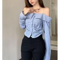 ราคา Long-Sleeve Chain Strap Cold Shoulder Striped Ruched Button-Up Slim Fit Crop Top (1127010736)