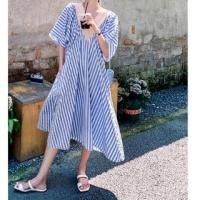 ราคา 3/4-Sleeve V-Neck Striped Ruched Midi Tunic Dress (1129807586)