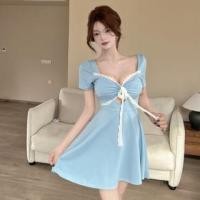 ราคา Short-Sleeve Plain Lace Trim Cutout Mini A-Line Dress (1129809377)