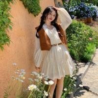 ราคา Puff-Sleeve Plain Drawstring Mini A-Line Dress / V-Neck Plain Button-Up Vest / Belt (1124987451)