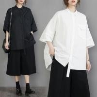 ราคา 3/4-Sleeve Stand Collar Plain Asymmetrical Button-Up Blouse (1129829052)