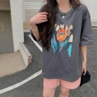 ราคา Elbow-Sleeve Round Neck Floral Print T-Shirt (1129846051)