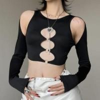 ราคา Long-Sleeve Crew Neck Cold Shoulder Plain Hoop Accent Cutout Slim Fit Crop Top (1127412578)