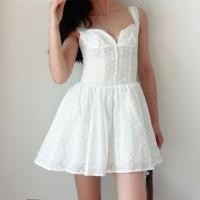 ราคา Sleeveless Sweetheart Neckline Plain Lace Trim Embroidered Eyelet Mini A-Line Dress (1129852431)