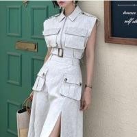 ราคา Sleeveless Collared Plain Zip Top / High Rise Plain Slit Midi A-Line Skirt (1129867575)