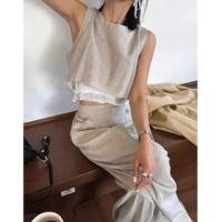 ราคา Set: Sleeveless Crew Neck Mock Two Piece Ruffle Top + High Waist Plain Wide Leg Pants (1129863459)