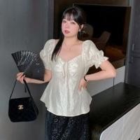 ราคา Plus Size Lantern Sleeve V-Neck Tie Front Cropped Top (1129696396)