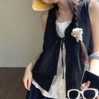 ราคา Sleeveless Mock Two Piece Tie Front Button Top Black - One Size (1129872760)