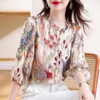 ราคา 3/4-Sleeve Stand Collar Floral Print Frill Trim Buttoned Blouse (1129874109)
