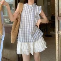 ราคา Sleeveless Plaid Frill Trim Blouse Plaid - Blue - One Size (1129881479)