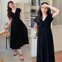 ราคา Maternity Short-Sleeve V-Neck Plain Maxi A-Line Dress (1129888075)