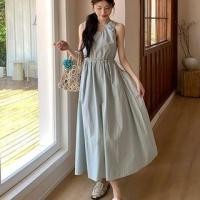 ราคา Sleeveless Round Neck Plain Ruched Drawstring Waist Maxi A-Line Dress (1129892037)