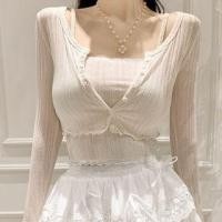 ราคา Set: Long Sleeve Plain Crop Cardigan + Lace-Trim Slim-Fit Crop Camisole Top (1129882558)