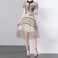 ราคา Short-Sleeve Stand Collar Dotted Sheer Midi A-Line Dress (1129916442)