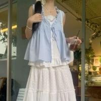ราคา Sleeveless Ruffle Trim Mock Two Piece Top / Mid Rise Plain Maxi A-Line Skirt (1129905223)