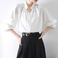 ราคา 3/4-Sleeve Stand Collar Plain Button-Up Blouse (1129896687)
