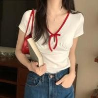 ราคา Short-Sleeve V-Neck Contrast Trim Cutout Tie Front Slim Fit Crop T-Shirt (1129930676)